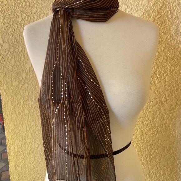 Made in Italy Brown with Silver Dots Scarf/Bandana L 61” x W 13” - Picture 3 of 7